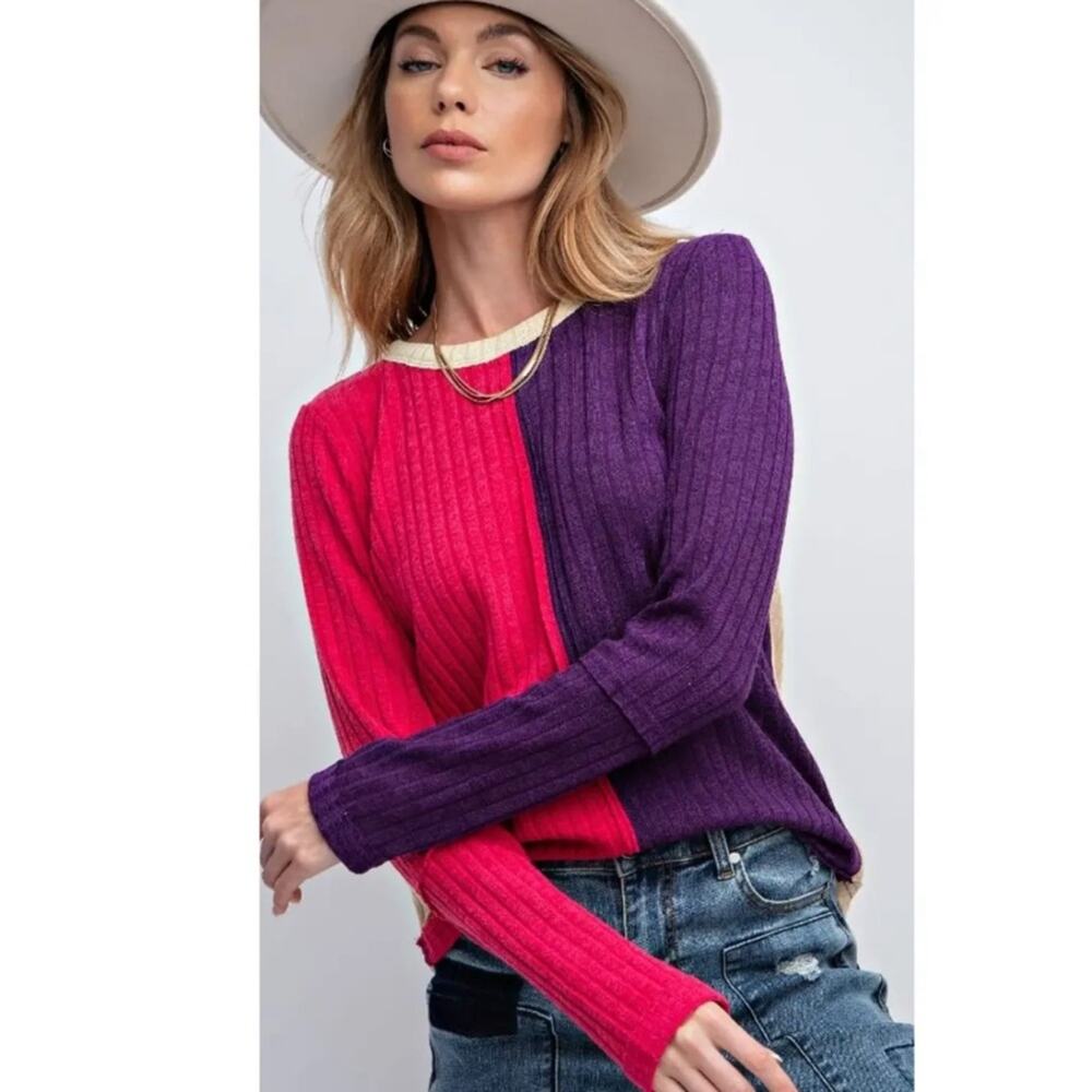Easel | Color Block Ribbed Long Sleeve Tee Shirt Pink Purple Yellow Medium